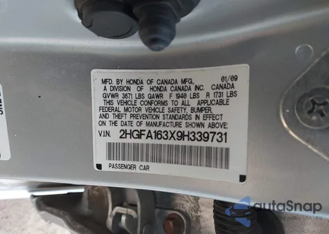 2009 Honda Civic Vp из США, поврежденный, VIN 2HGFA163X9H339731